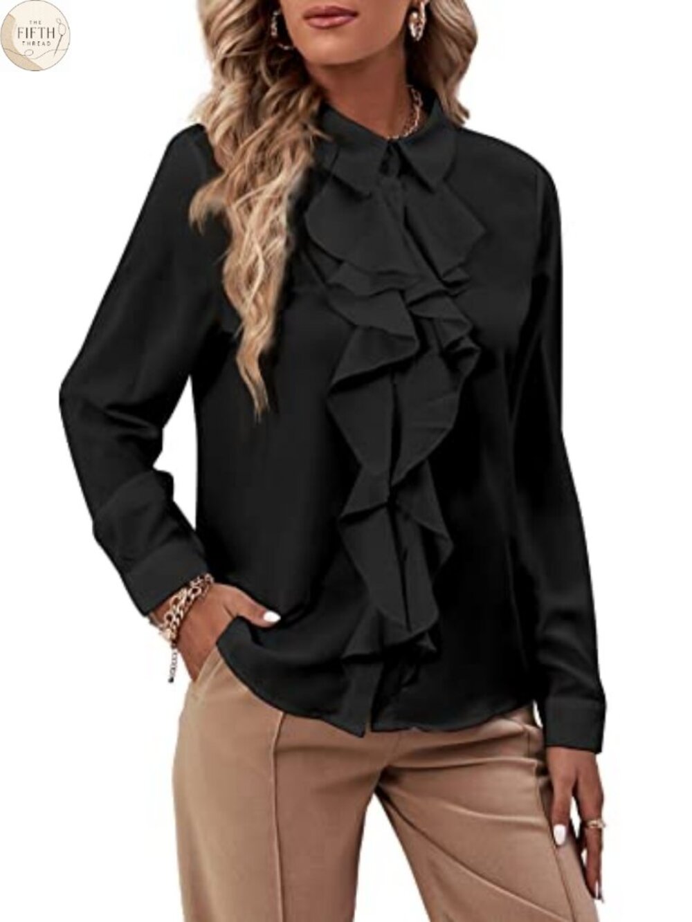 LYANER Women's Ruffle Front Button Down Blouse Long Sleeve Collared Shirt